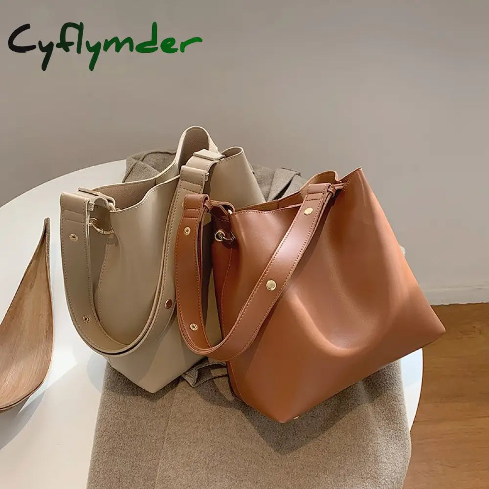 Cyflymder Fashion Wide Strap Buckets Bag For Women Designer Handbags Luxury Soft Pu Leather