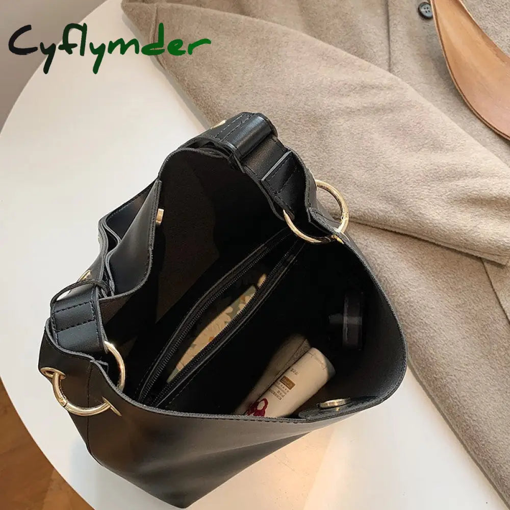 Cyflymder Fashion Wide Strap Buckets Bag For Women Designer Handbags Luxury Soft Pu Leather