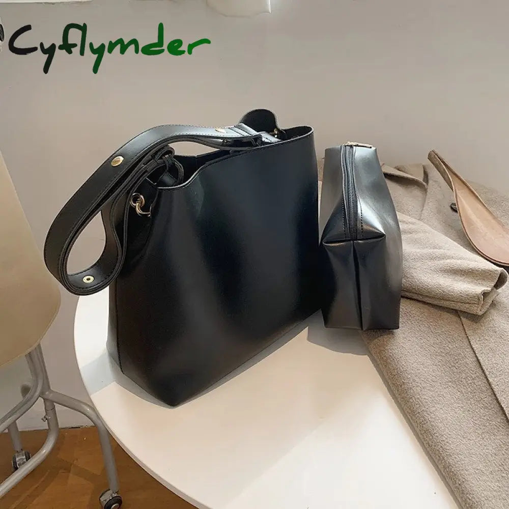 Cyflymder Fashion Wide Strap Buckets Bag For Women Designer Handbags Luxury Soft Pu Leather