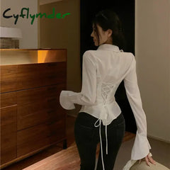 Cyflymder Fashion Women Bandage Shirts Korean All Match Streetwear Female Slim Blouse Spring Casual