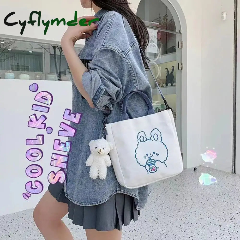 Cyflymder Fashion Women Canvas Zipper Bag Cartoon Bear Print Student Tote Shoulder Messenger