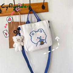 Cyflymder Fashion Women Canvas Zipper Bag Cartoon Bear Print Student Tote Shoulder Messenger