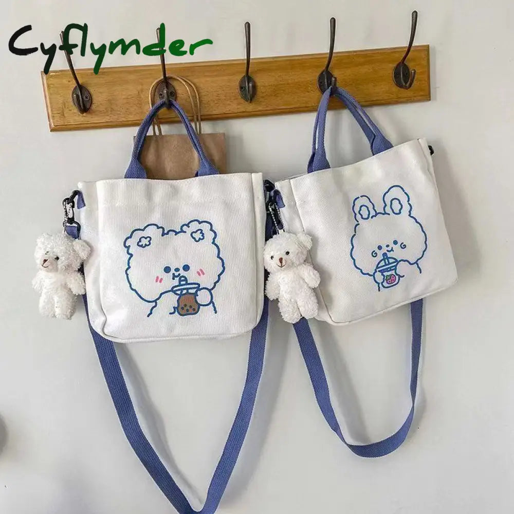 Cyflymder Fashion Women Canvas Zipper Bag Cartoon Bear Print Student Tote Shoulder Messenger