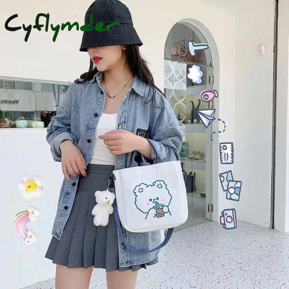 Cyflymder Fashion Women Canvas Zipper Bag Cartoon Bear Print Student Tote Shoulder Messenger