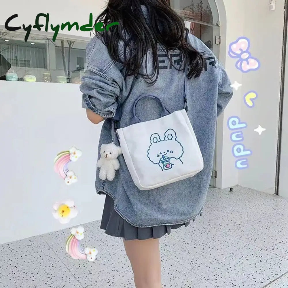 Cyflymder Fashion Women Canvas Zipper Bag Cartoon Bear Print Student Tote Shoulder Messenger