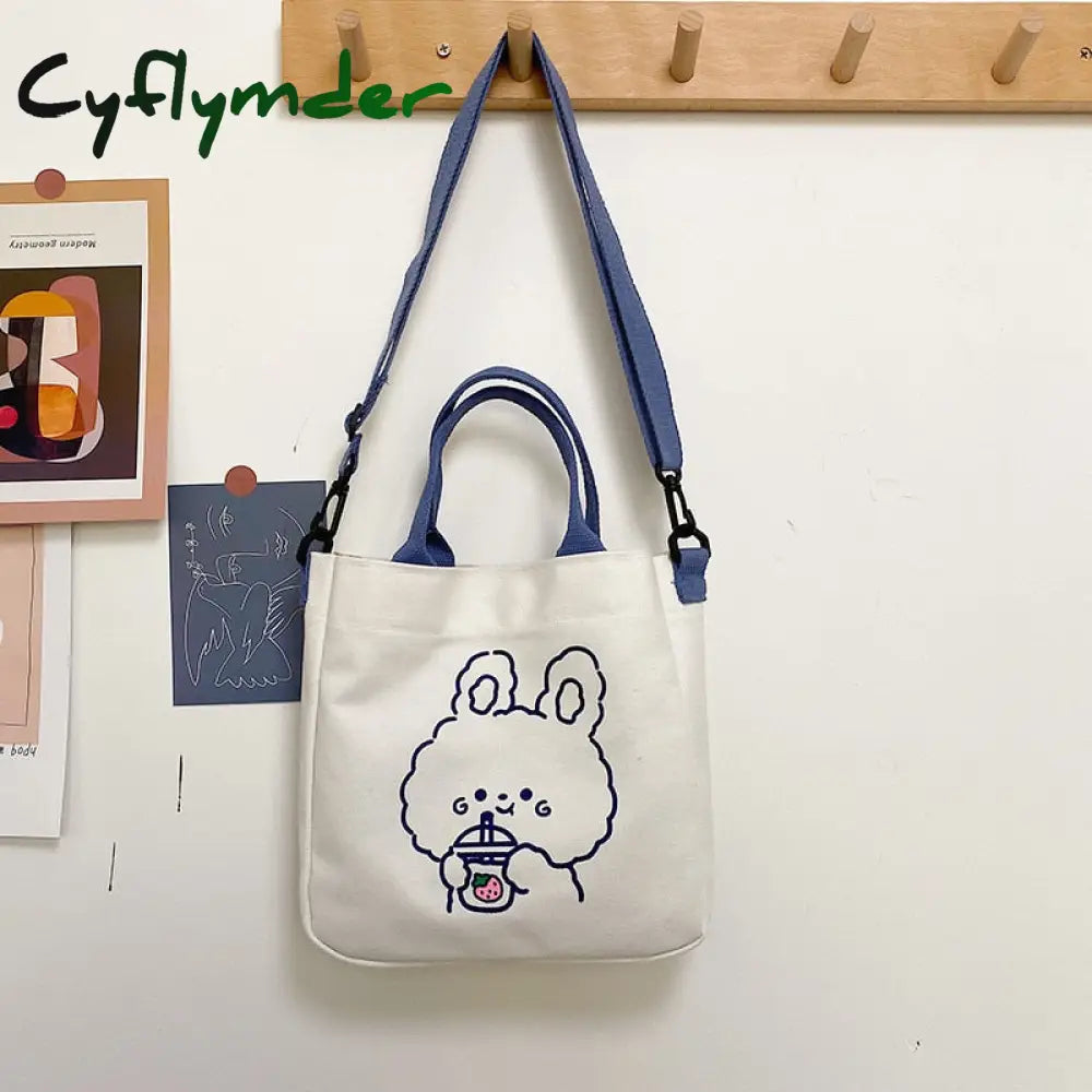 Cyflymder Fashion Women Canvas Zipper Bag Cartoon Bear Print Student Tote Shoulder Messenger