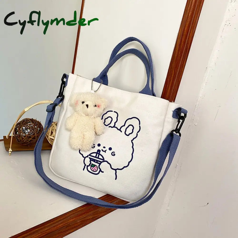 Cyflymder Fashion Women Canvas Zipper Bag Cartoon Bear Print Student Tote Shoulder Messenger