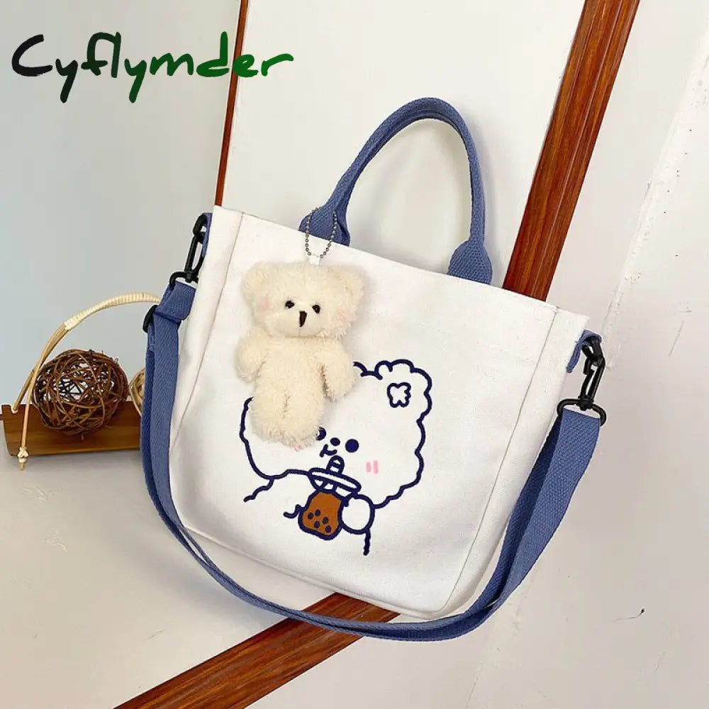 Cyflymder Fashion Women Canvas Zipper Bag Cartoon Bear Print Student Tote Shoulder Messenger