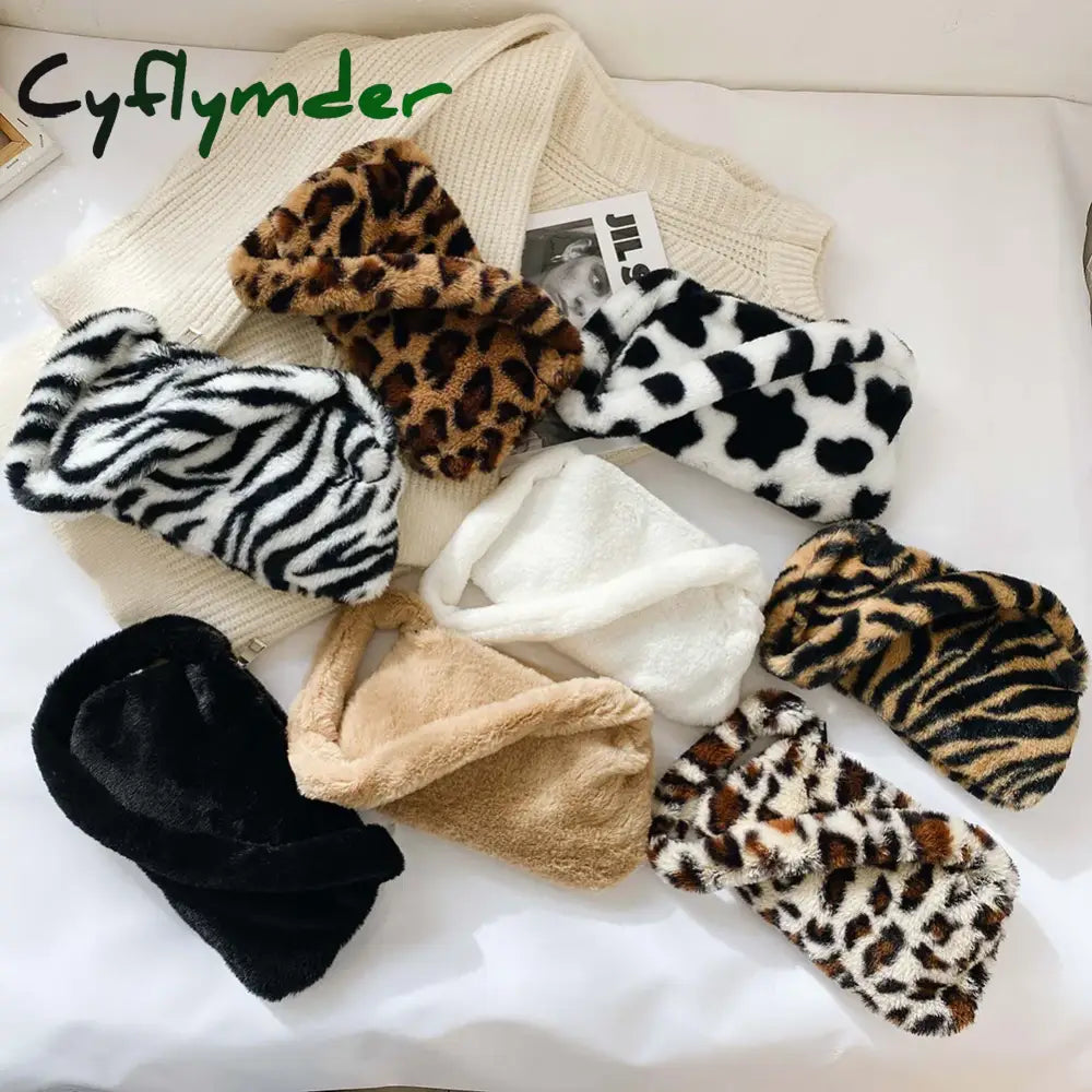 Cyflymder Fashion Women Cow Print Mini Shoulder Bags Female Winter Plush Underarm Leopard Zebra