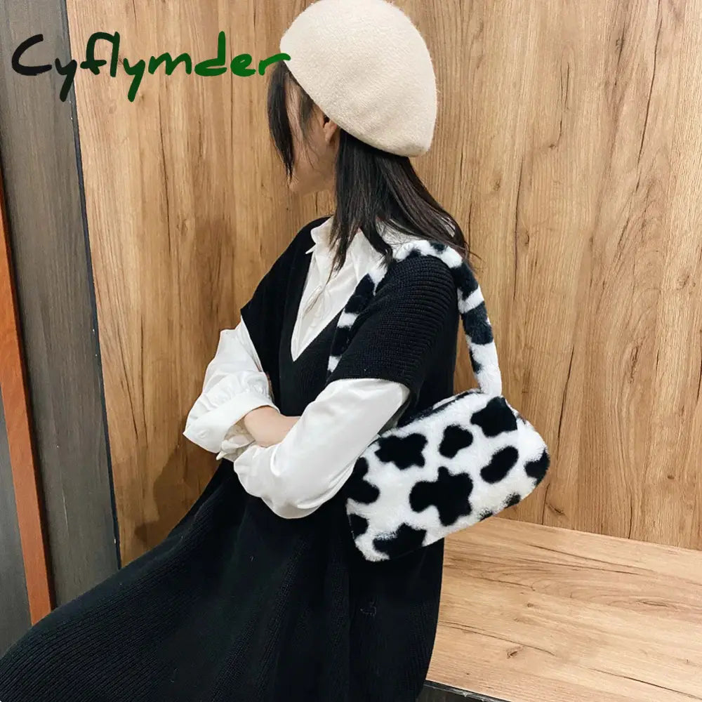 Cyflymder Fashion Women Cow Print Mini Shoulder Bags Female Winter Plush Underarm Leopard Zebra