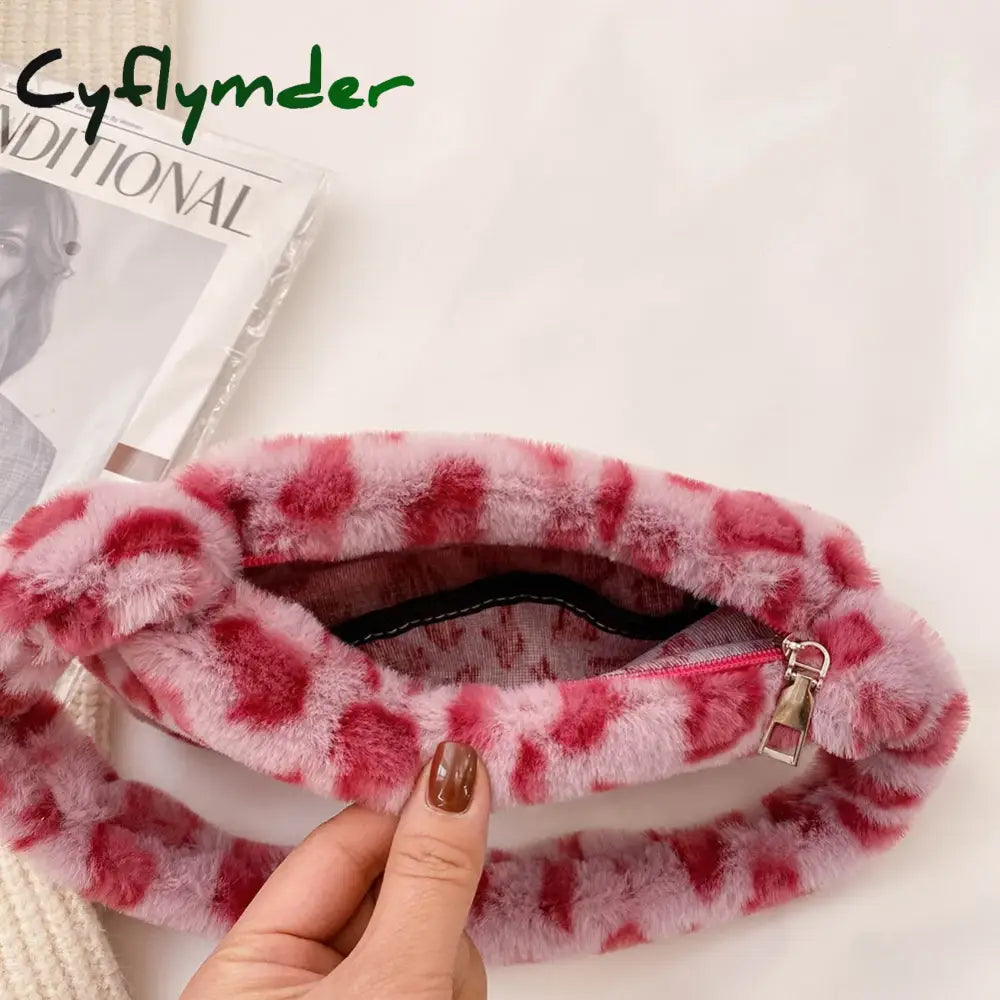 Cyflymder Fashion Women Cow Print Mini Shoulder Bags Female Winter Plush Underarm Leopard Zebra