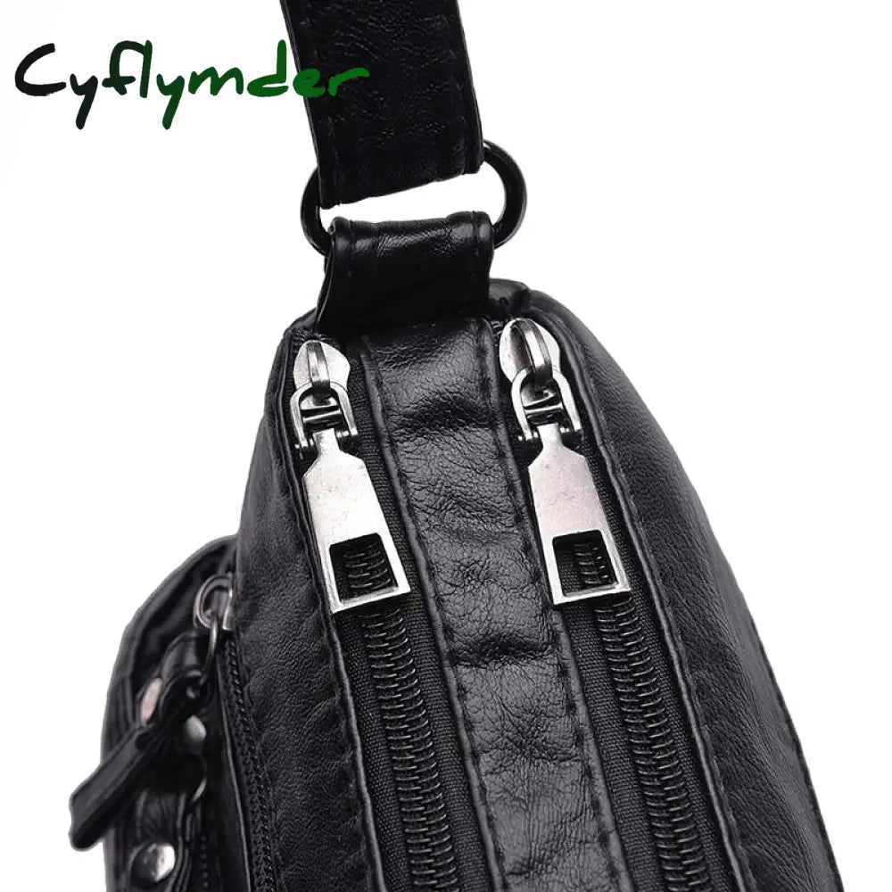 Cyflymder Fashion Women Crossbody Bag Black Soft Washed Leather Shoulder Patchwork Messenger Small