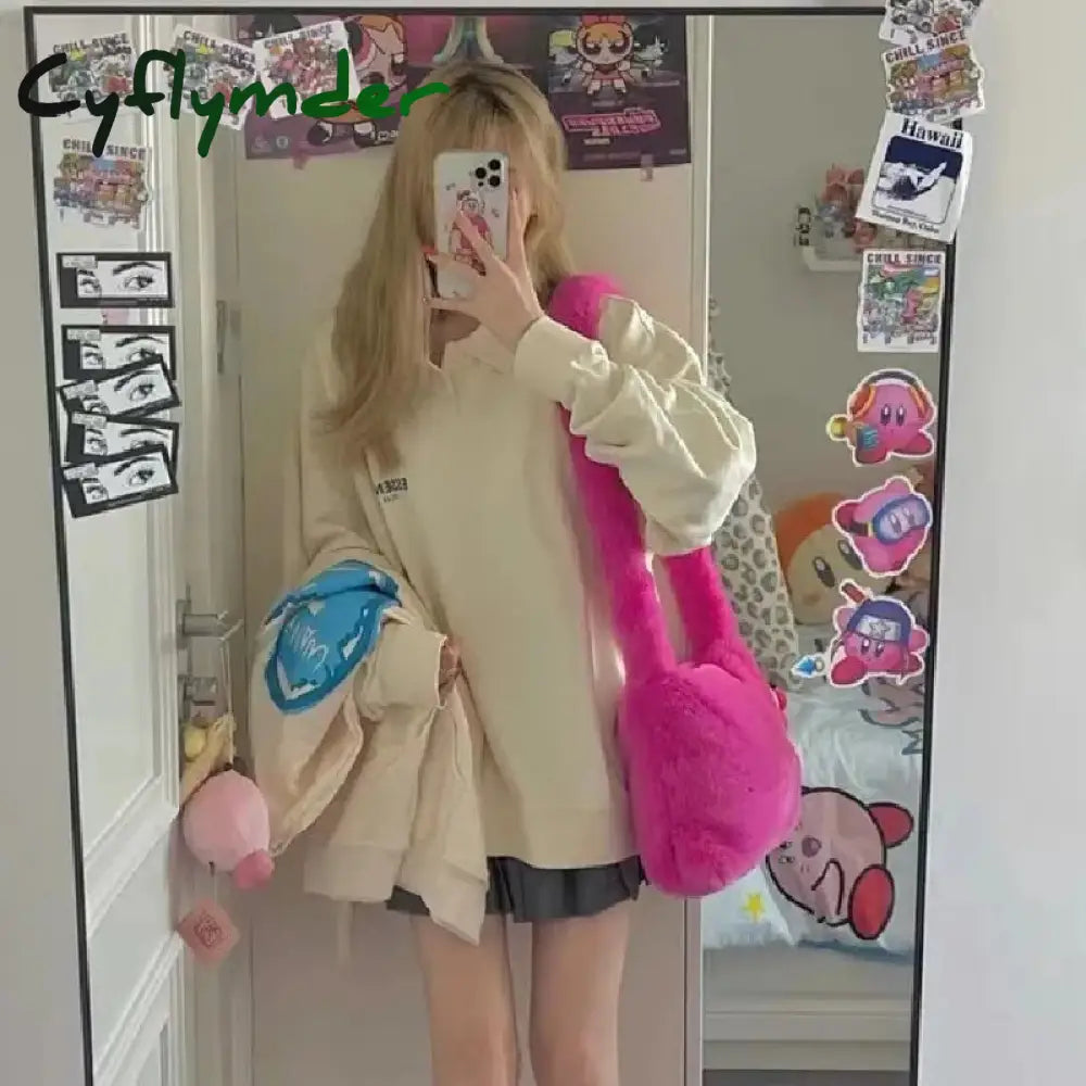 Cyflymder Fashion Women Hot Pink Faux Fur Shoulder Bag Ladies Winter Soft Fluffy Crosssbody Purse