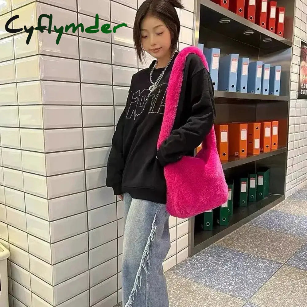 Cyflymder Fashion Women Hot Pink Faux Fur Shoulder Bag Ladies Winter Soft Fluffy Crosssbody Purse