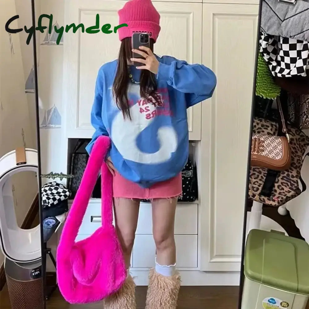 Cyflymder Fashion Women Hot Pink Faux Fur Shoulder Bag Ladies Winter Soft Fluffy Crosssbody Purse