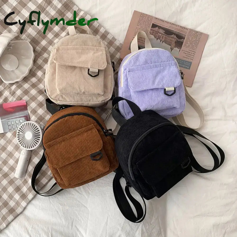 Cyflymder Fashion Women Mini Backpack Corduroy Handbags Simple Solid Color Backpacks Student