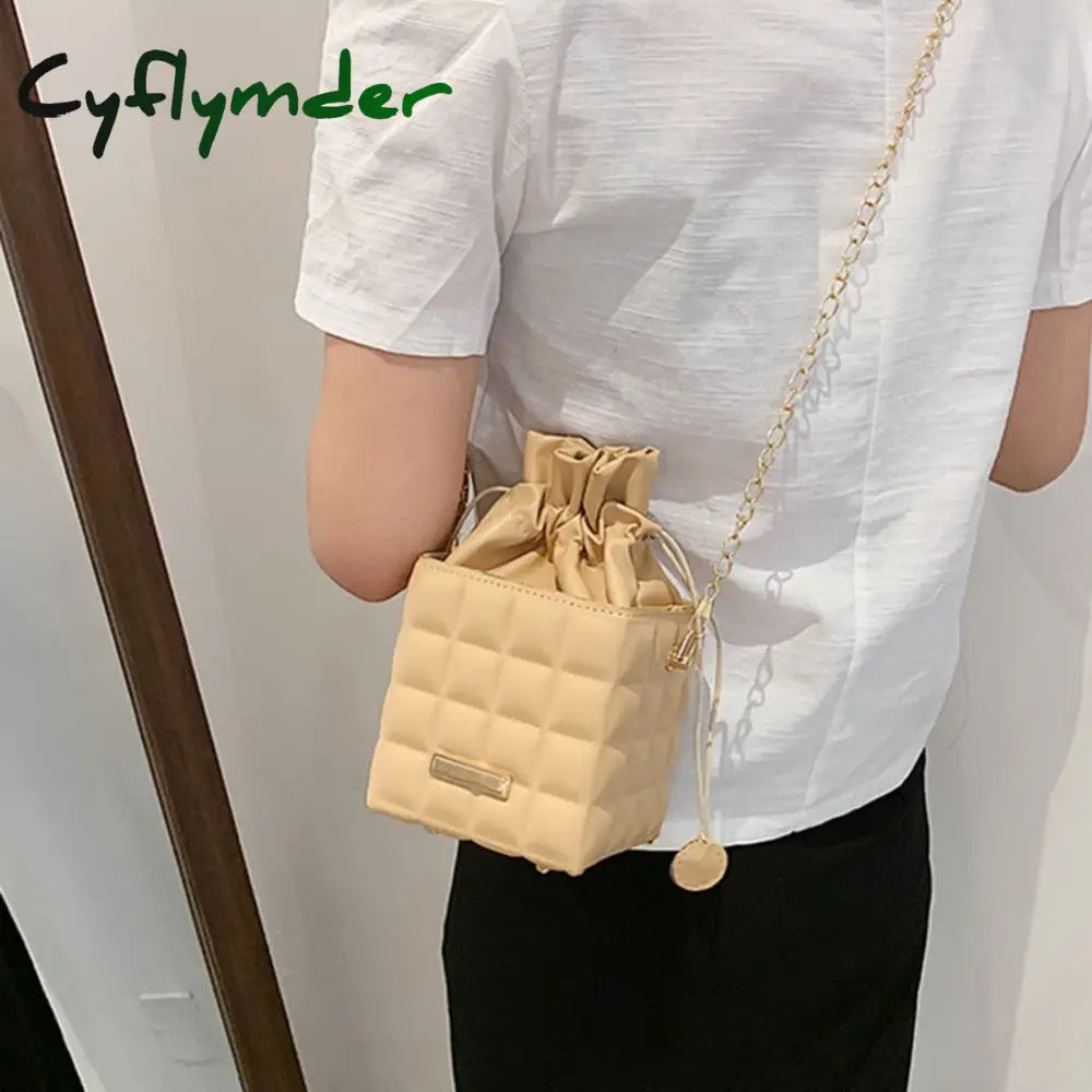 Cyflymder Fashion Women Pu Leather Checker Pattern Drawstring Chain Cube Shoulder Crossbody