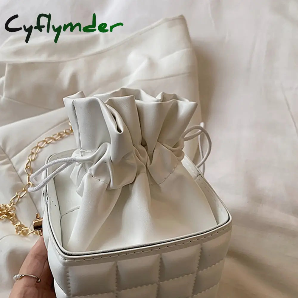 Cyflymder Fashion Women Pu Leather Checker Pattern Drawstring Chain Cube Shoulder Crossbody