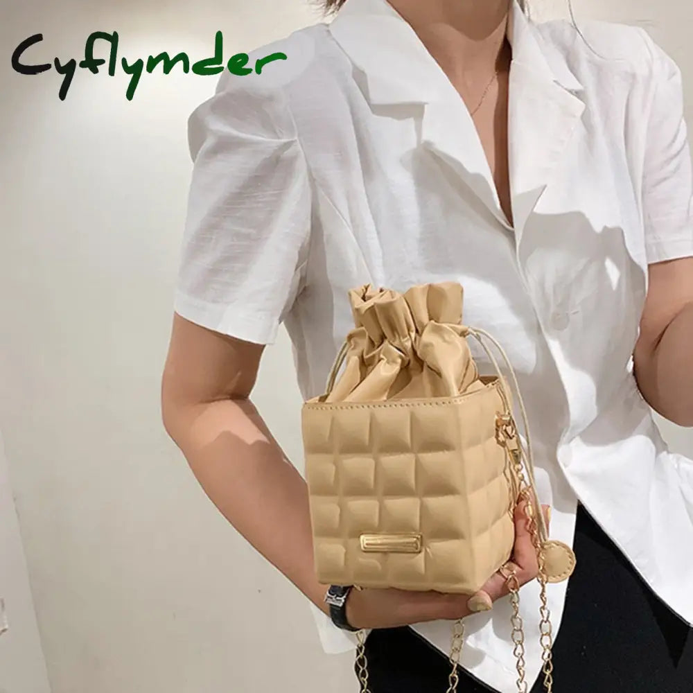 Cyflymder Fashion Women Pu Leather Checker Pattern Drawstring Chain Cube Shoulder Crossbody