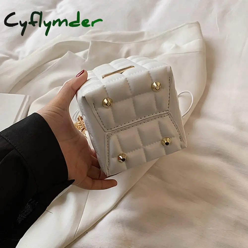 Cyflymder Fashion Women Pu Leather Checker Pattern Drawstring Chain Cube Shoulder Crossbody