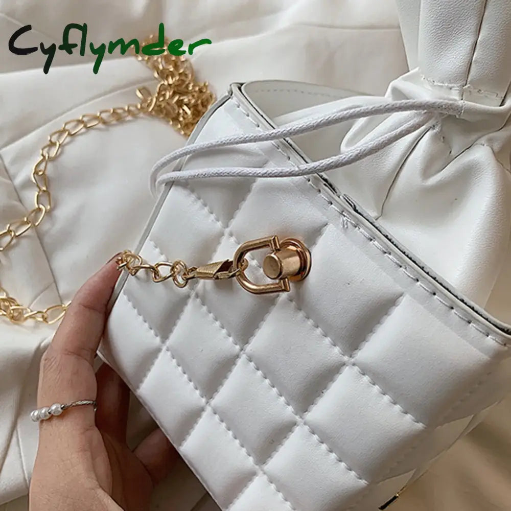 Cyflymder Fashion Women Pu Leather Checker Pattern Drawstring Chain Cube Shoulder Crossbody