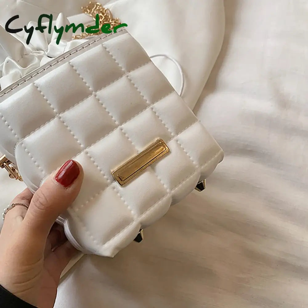 Cyflymder Fashion Women Pu Leather Checker Pattern Drawstring Chain Cube Shoulder Crossbody