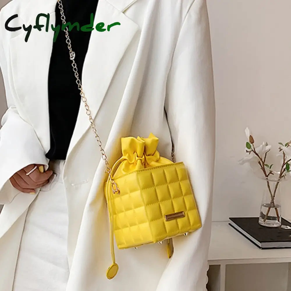 Cyflymder Fashion Women Pu Leather Checker Pattern Drawstring Chain Cube Shoulder Crossbody