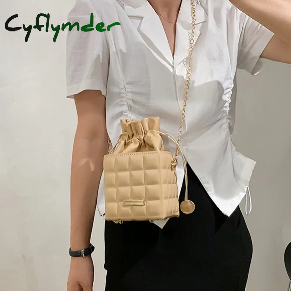 Cyflymder Fashion Women Pu Leather Checker Pattern Drawstring Chain Cube Shoulder Crossbody