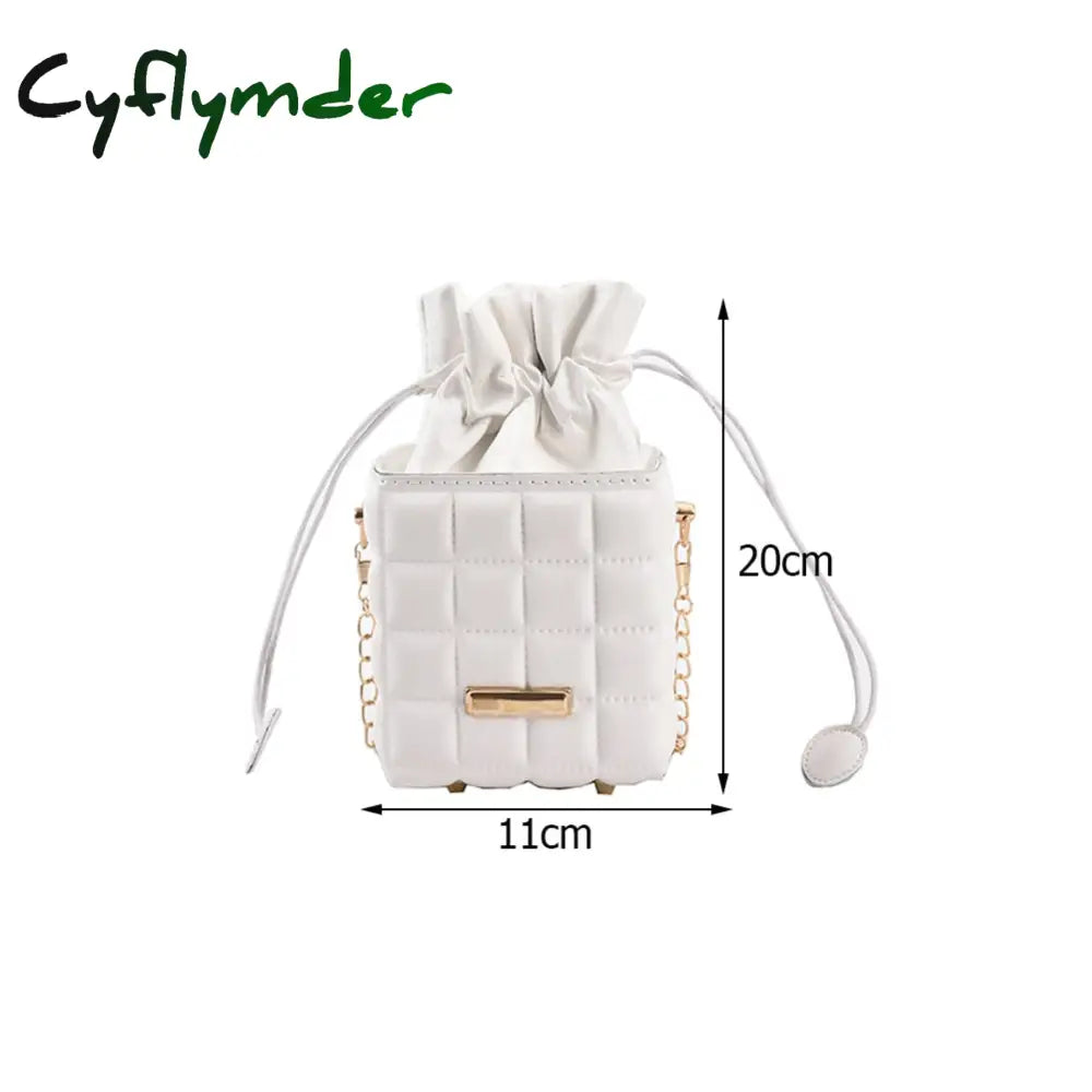 Cyflymder Fashion Women Pu Leather Checker Pattern Drawstring Chain Cube Shoulder Crossbody