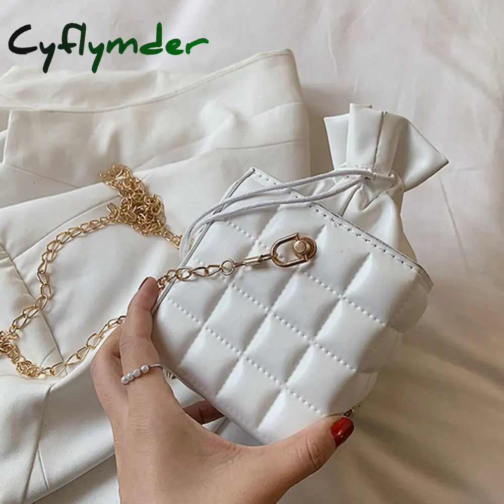 Cyflymder Fashion Women Pu Leather Checker Pattern Drawstring Chain Cube Shoulder Crossbody