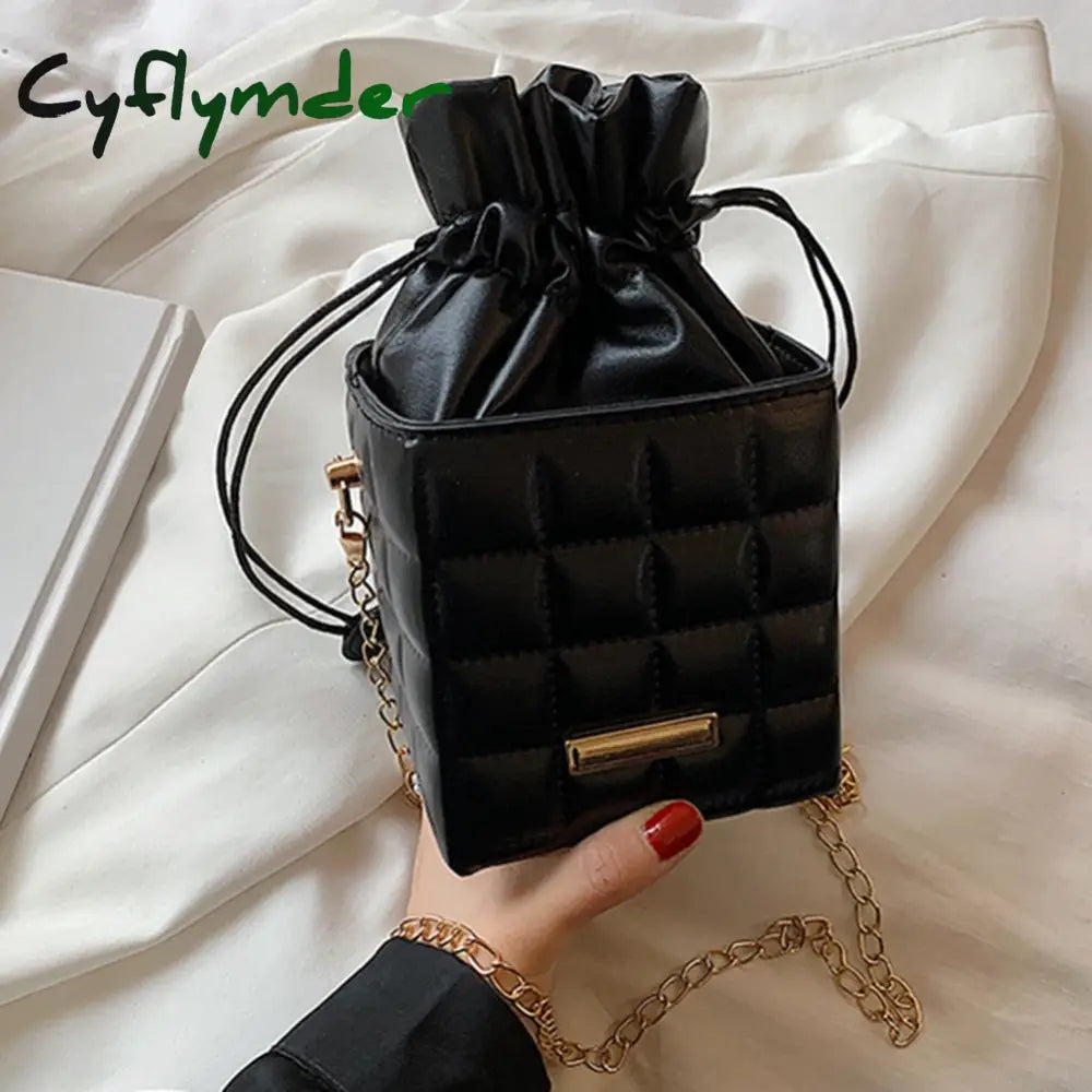 Cyflymder Fashion Women Pu Leather Checker Pattern Drawstring Chain Cube Shoulder Crossbody