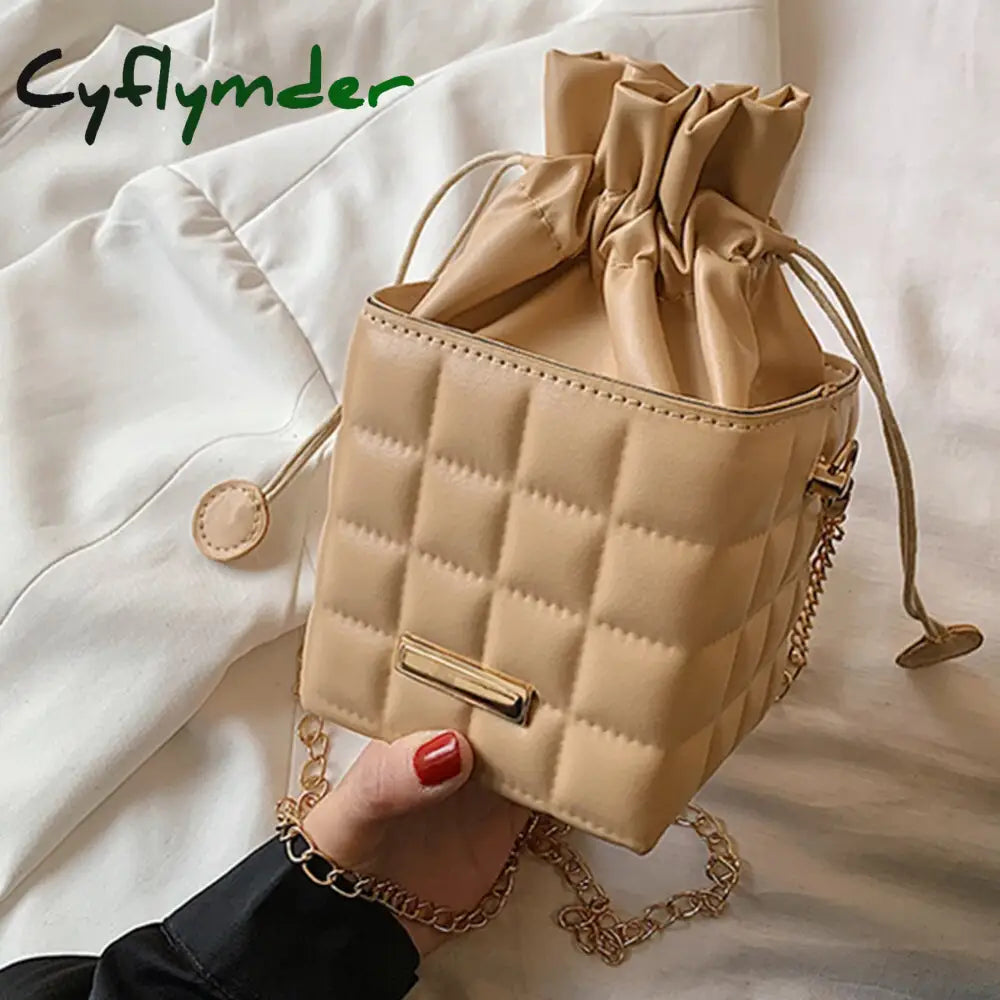 Cyflymder Fashion Women Pu Leather Checker Pattern Drawstring Chain Cube Shoulder Crossbody