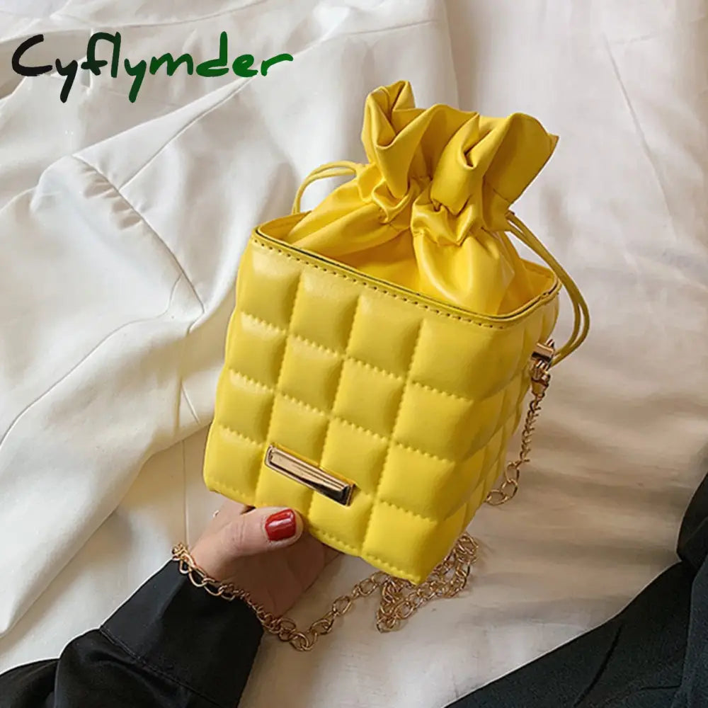 Cyflymder Fashion Women Pu Leather Checker Pattern Drawstring Chain Cube Shoulder Crossbody