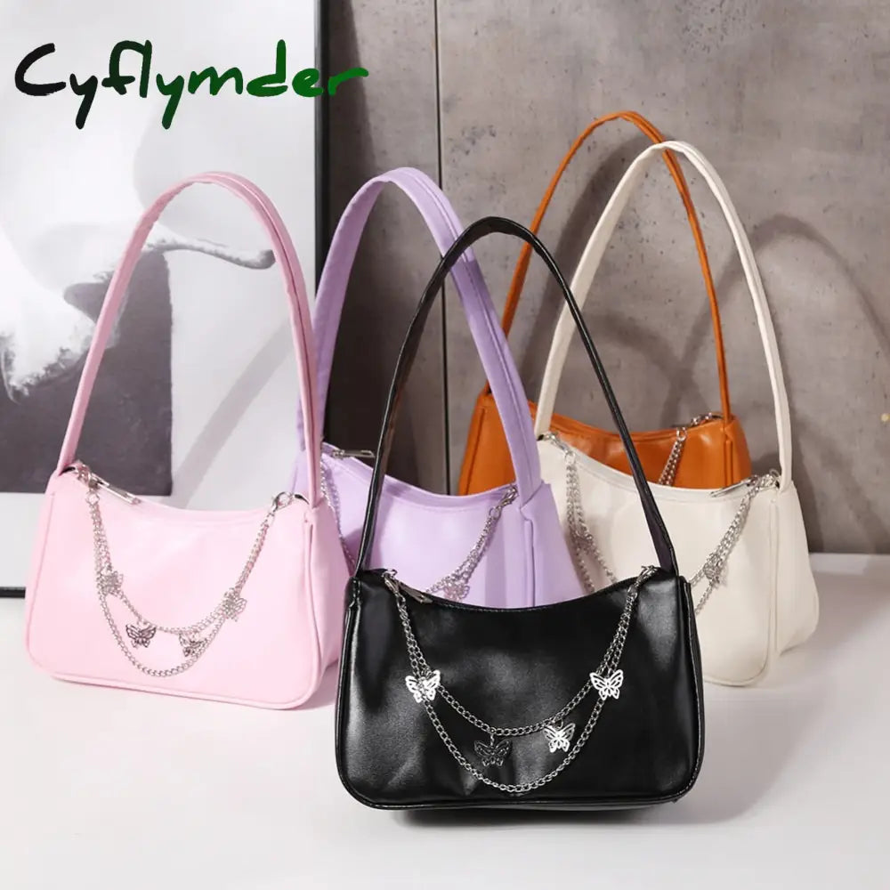 Cyflymder Fashion Women Pu Leather Small Shoulder Underarm Bag Ladies Vintage Butterfly Chain Pure