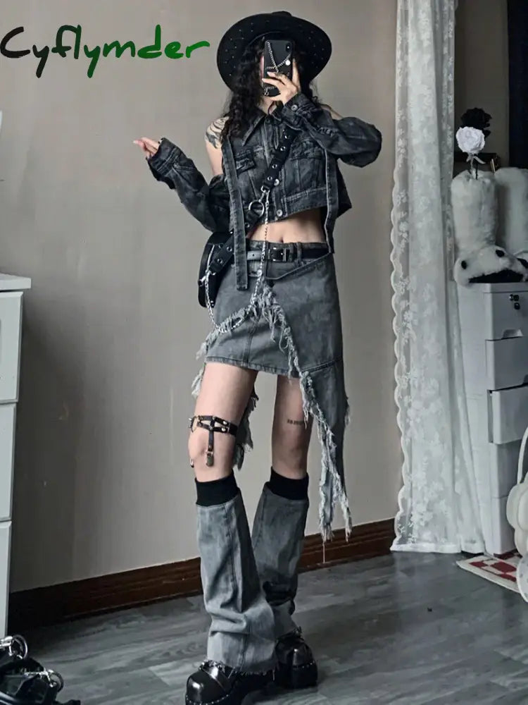 Fashion Women Skirt Set Mini Short Denim Skirt Waist Cape Chain Belt Leg Warmers Grunge Y2K Vintage Streetwear Cyflymder