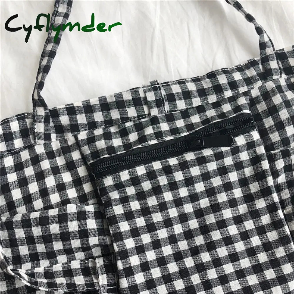 Cyflymder Fashion Women’s Canvas Tote Shoulder Large Shopping Bag Plaid Eco Capacity Ladies Purse