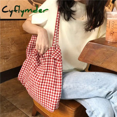 Cyflymder Fashion Women’s Canvas Tote Shoulder Large Shopping Bag Plaid Eco Capacity Ladies Purse