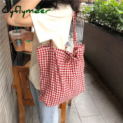 Cyflymder Fashion Women’s Canvas Tote Shoulder Large Shopping Bag Plaid Eco Capacity Ladies Purse