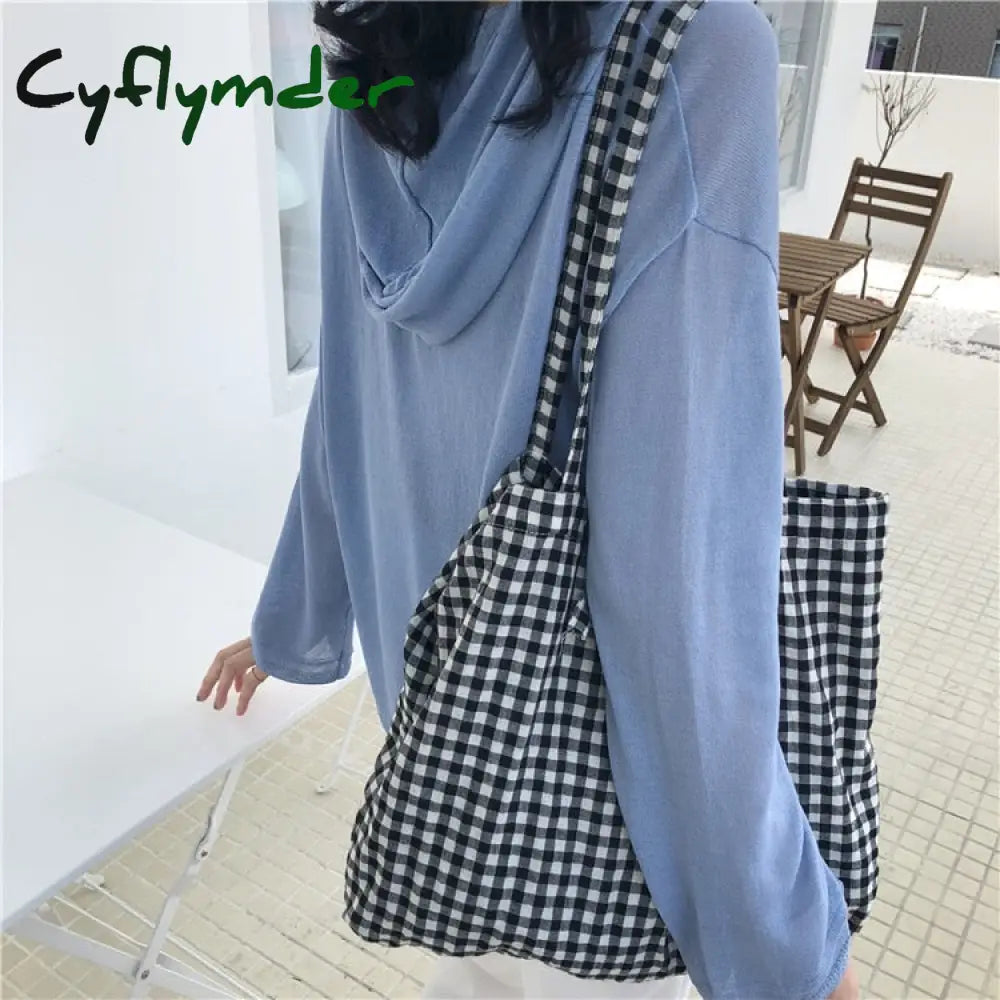 Cyflymder Fashion Women’s Canvas Tote Shoulder Large Shopping Bag Plaid Eco Capacity Ladies Purse