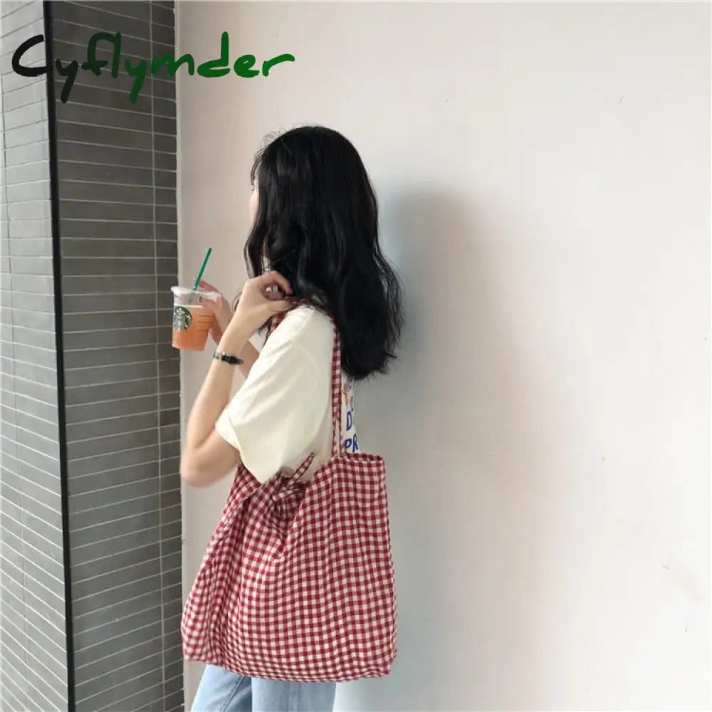 Cyflymder Fashion Women’s Canvas Tote Shoulder Large Shopping Bag Plaid Eco Capacity Ladies Purse