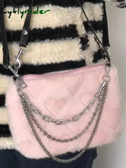 Cyflymder Fashion Women’s Chains Shoulder Bag Love Heart Ladies Soft Plush Crossbody Bags Faux