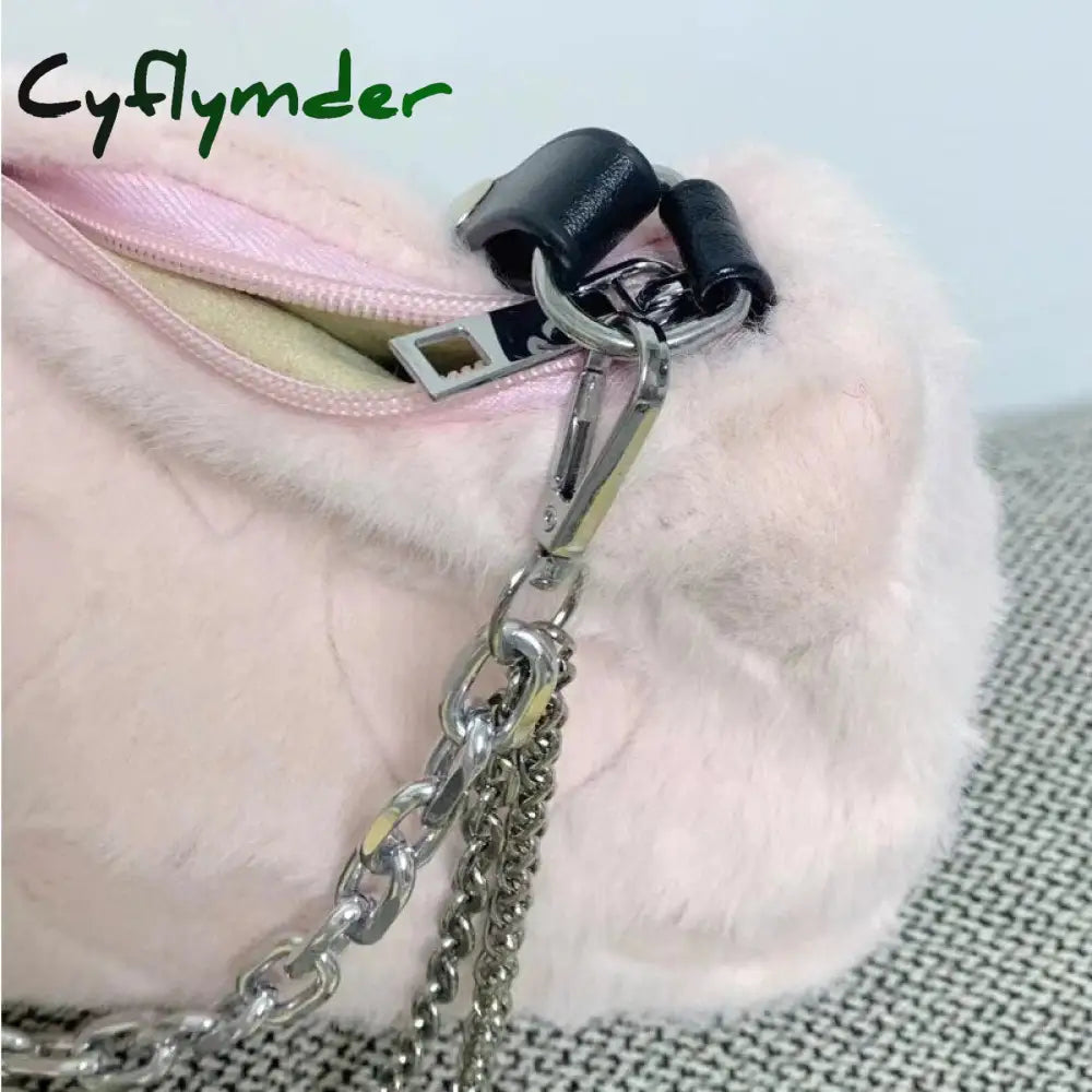 Cyflymder Fashion Women’s Chains Shoulder Bag Love Heart Ladies Soft Plush Crossbody Bags Faux