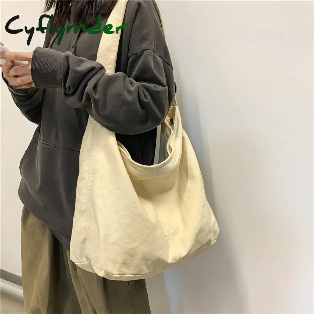 Cyflymder Fashion Woven Cotton Tote Women Shoulder Bag Fashion Big Purse Space Pad Handbag White