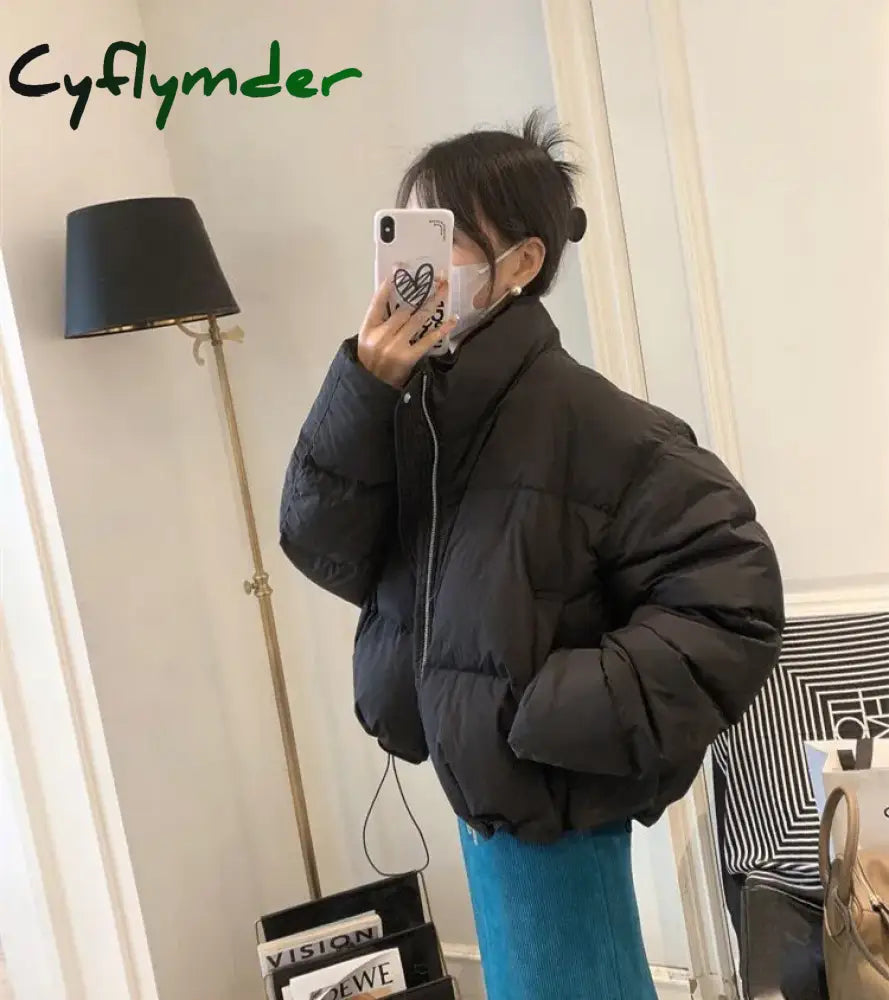 Cyflymder Fashion Zipper Cropped Jacket Women Winter Warm Casual Loose Puff Cotton Coats Streetwear Korean Drawstring