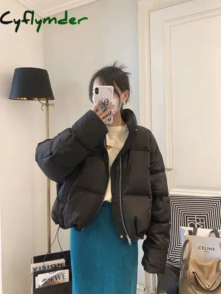 Cyflymder Fashion Zipper Cropped Jacket Women Winter Warm Casual Loose Puff Cotton Coats Streetwear Korean Drawstring