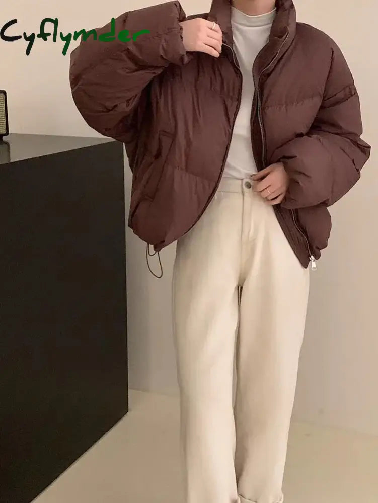 Cyflymder Fashion Zipper Cropped Jacket Women Winter Warm Casual Loose Puff Cotton Coats Streetwear Korean Drawstring
