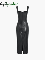 Cyflymder - Faux Leather Bodycon Midi Dress Dresses