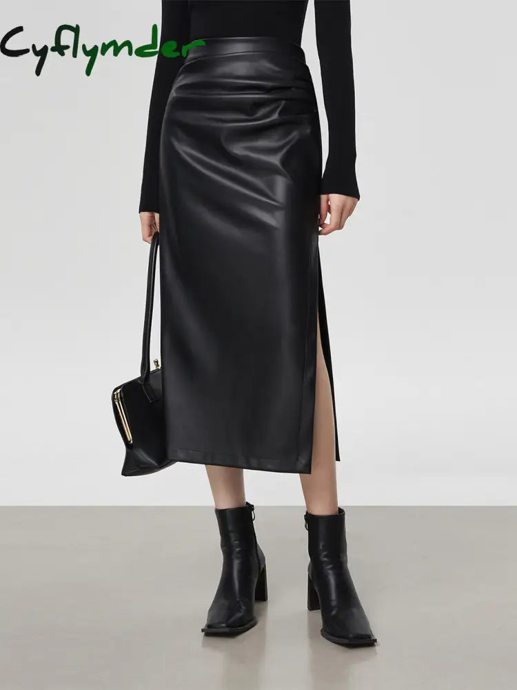 Cyflymder- Faux Leather Ruched Slit Midi Skirt Black / Xs Skirts