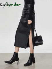 Cyflymder- Faux Leather Ruched Slit Midi Skirt Skirts