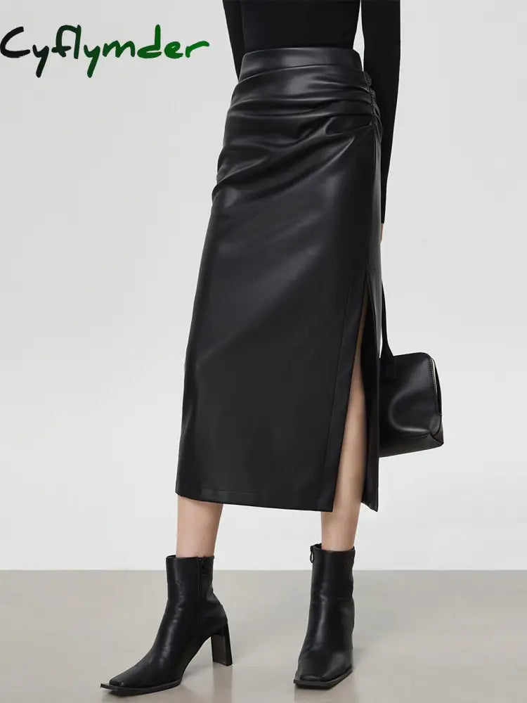 Cyflymder- Faux Leather Ruched Slit Midi Skirt Skirts